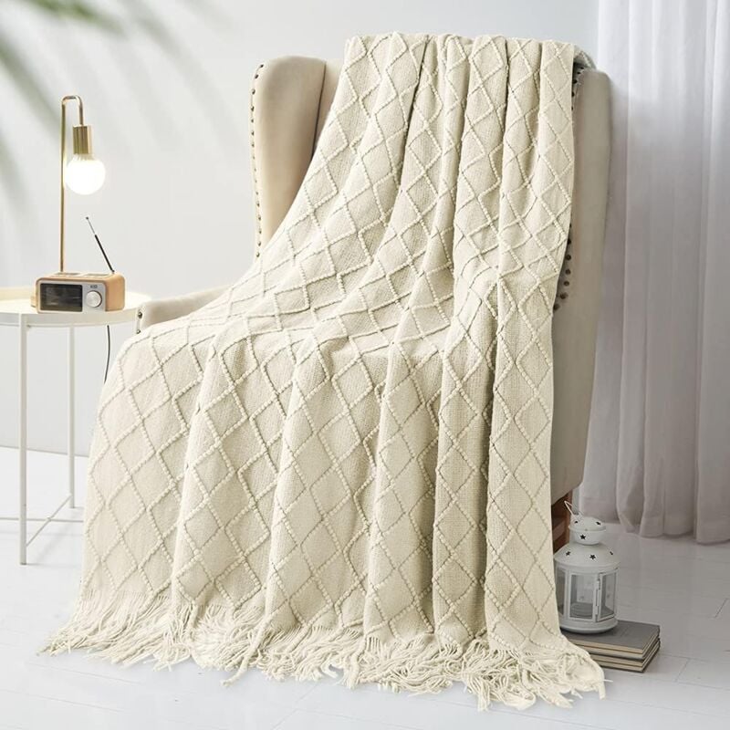 Checkered Knitted Blankets, Bedspread, Fringed Blanket, Decoration, Knitted Blanket, 150 x 200 cm (Beige)