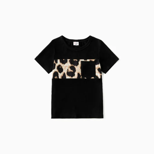 Family Matching 95% Cotton Short-sleeve T-shirts and Rib Knit Spliced Leopard Belted Cami Dresses Sets