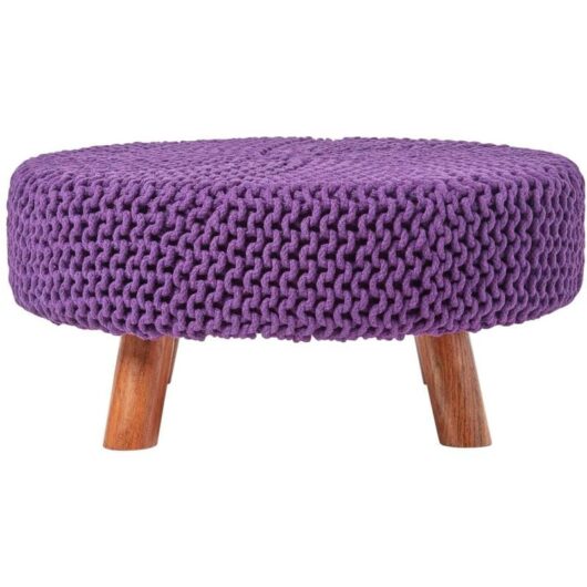 HOMESCAPES Purple Large Round Cotton Knitted Footstool on Legs