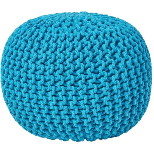 HOMESCAPES Teal Blue Round Cotton Knitted Pouffe Footstool