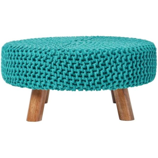 HOMESCAPES Teal Green Large Round Cotton Knitted Footstool on Legs