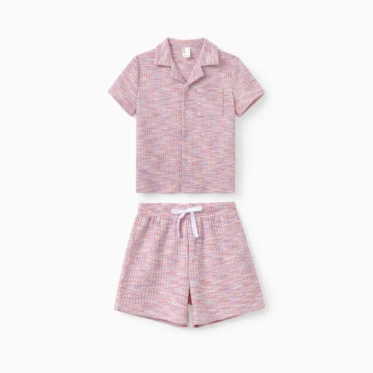Matching Family Outfits - Knit Textured 2-Piece Crop Top & Midi Skirt Co-ord Set for Women, Short Sleeve Button-Down Shirt for Men, Kids' Shirt & Shorts Set - Coordinated Summer Casual Wear