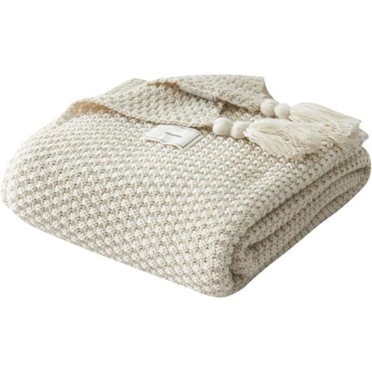 Memkey - Knitted Blanket Throw Sofa Bedspread Table Mat Soft Warm Nordic Bedspreads with Handmade Fringes for Beach Picnic All Seasons (Beige, 130 x