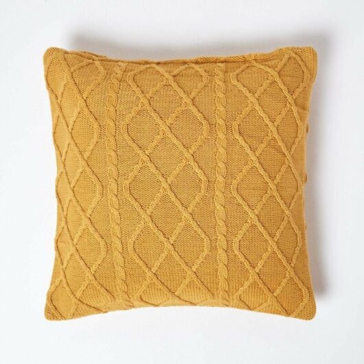 Mustard Diamond Cable Knit Cushion Cover, 45 x 45 cm - Homescapes