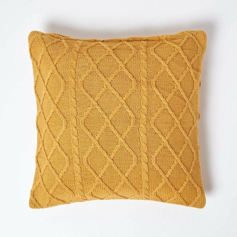 Mustard Diamond Cable Knit Cushion Cover, 45 x 45 cm - Homescapes