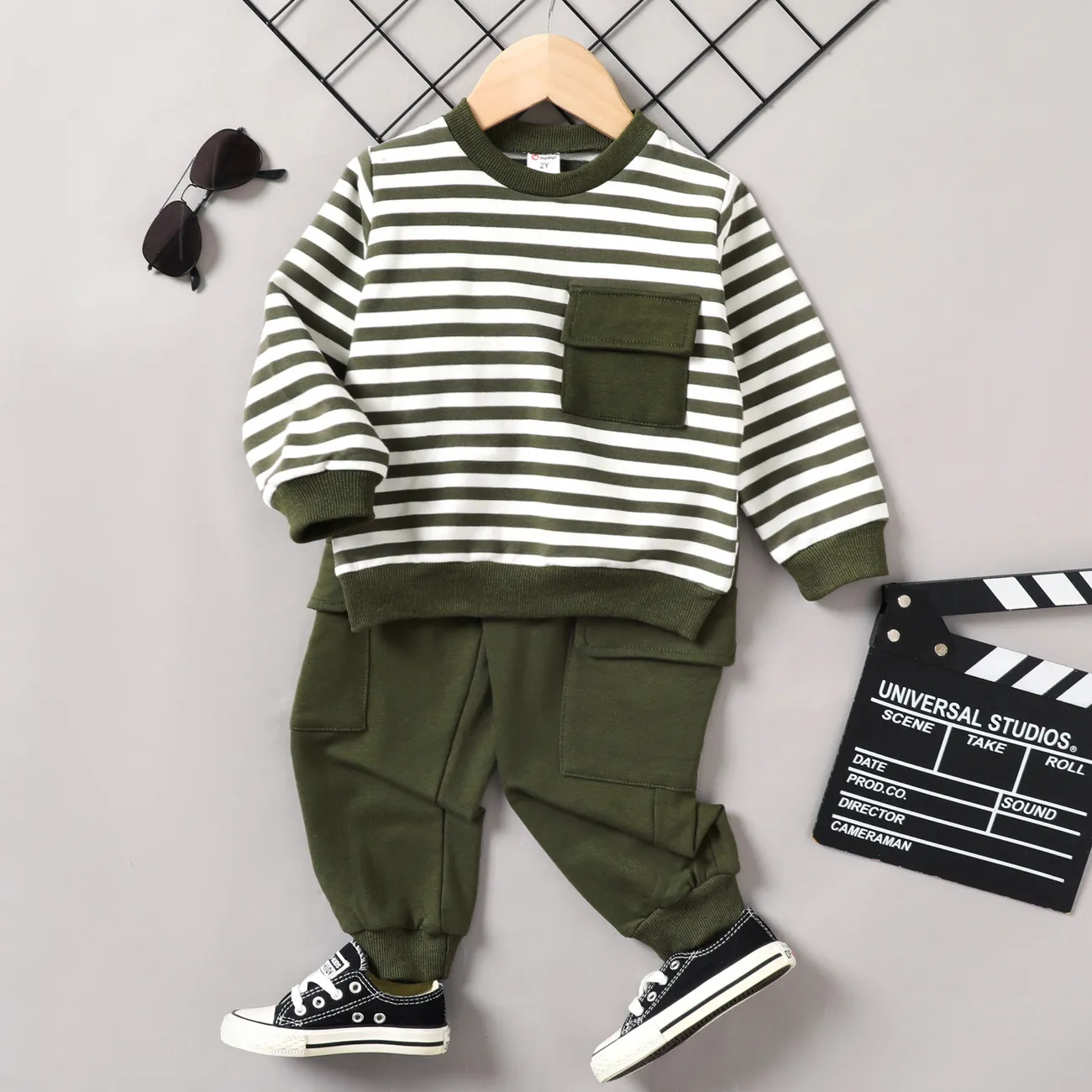 2pcs Todder Boy Cotton Stripe Set with Patch Pocket