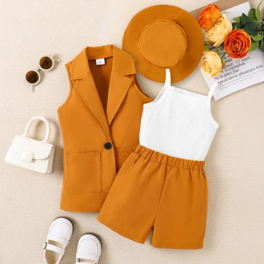 4pcs Toddler Girl Solid Rib-knit Cami Top & Shorts & Vest Blazer & Hat Set