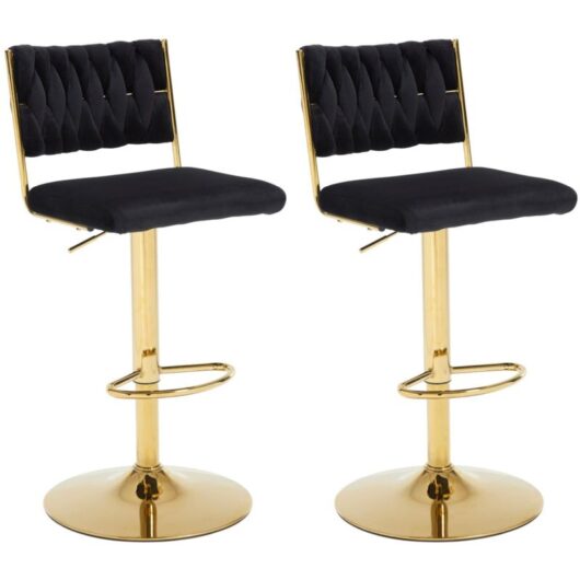 Bar Stools Set of 2 in Velvet Knitted Backrest Modern Counter Chairs Height Adjustable for Kitchen Home Bar Restaurant, Black, Chairus