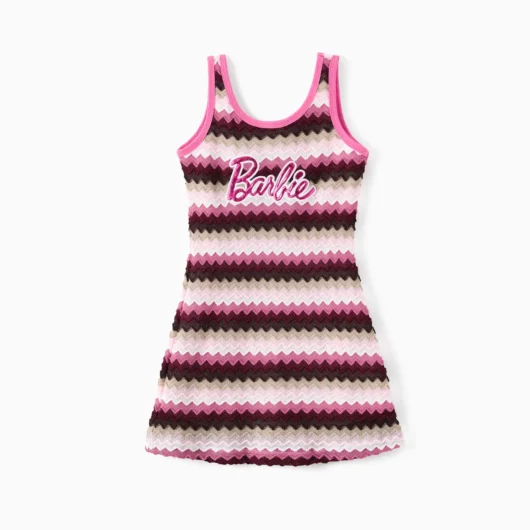Barbie Mommy And Me 1pc Embroidered Striped Sleeveless Knitted Dress