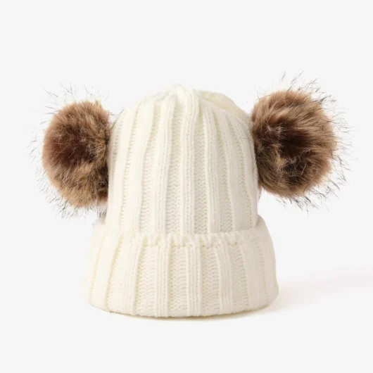 Double Hairball Knitted Beanie Hats for Mommy and Me