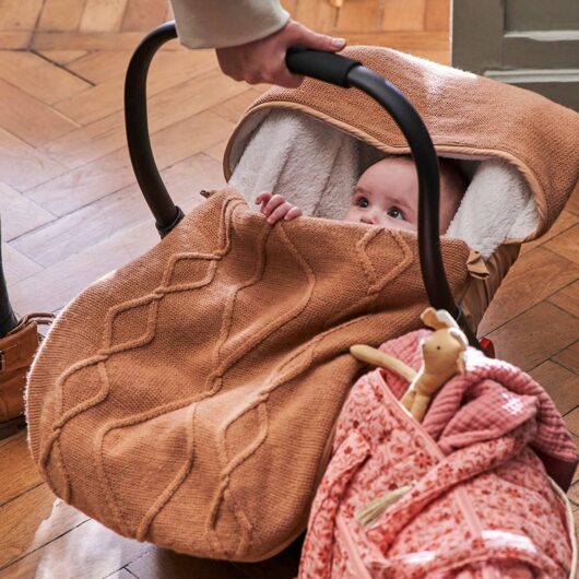 Knitted Footmuff with Polar Fleece Lining, for Car Seat camel