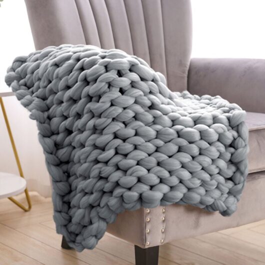 Livingandhome - Warm Chunky Wool Yarn Knitted Thick Blanket, Grey 100x120CM