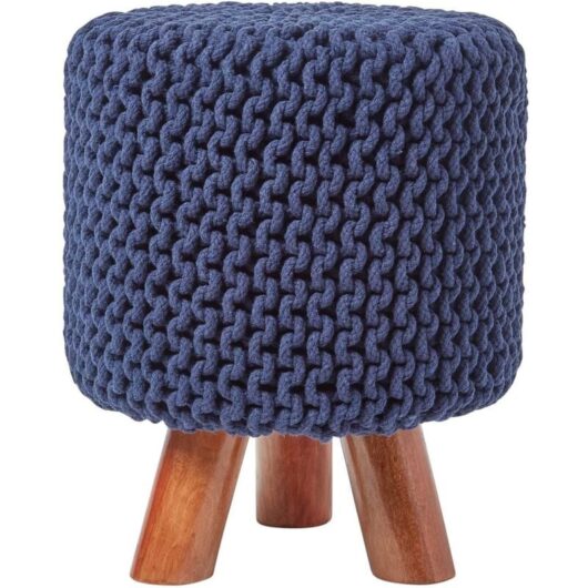 Navy Tall Cotton Knitted Footstool on Legs - Homescapes