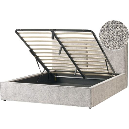EU King Size Bed Frame 5ft3 Knit Velour Fabric Upholstery Slatted Base Storage Ottoman Beige and Grey Moissac