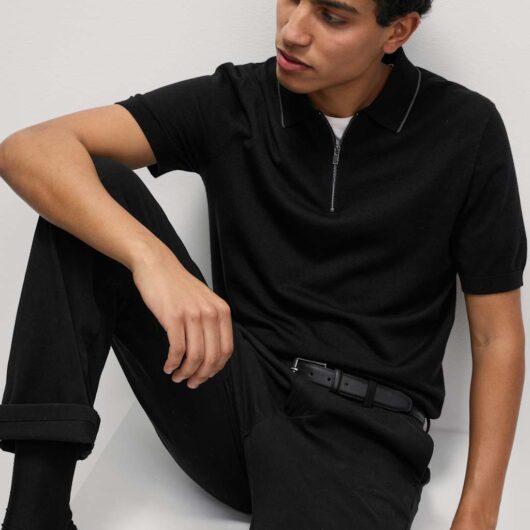 M&S Collection Men's Cotton Rich Half Zip Knitted Polo Shirt - MREG - Black, Black,Brown Haze,Ecru