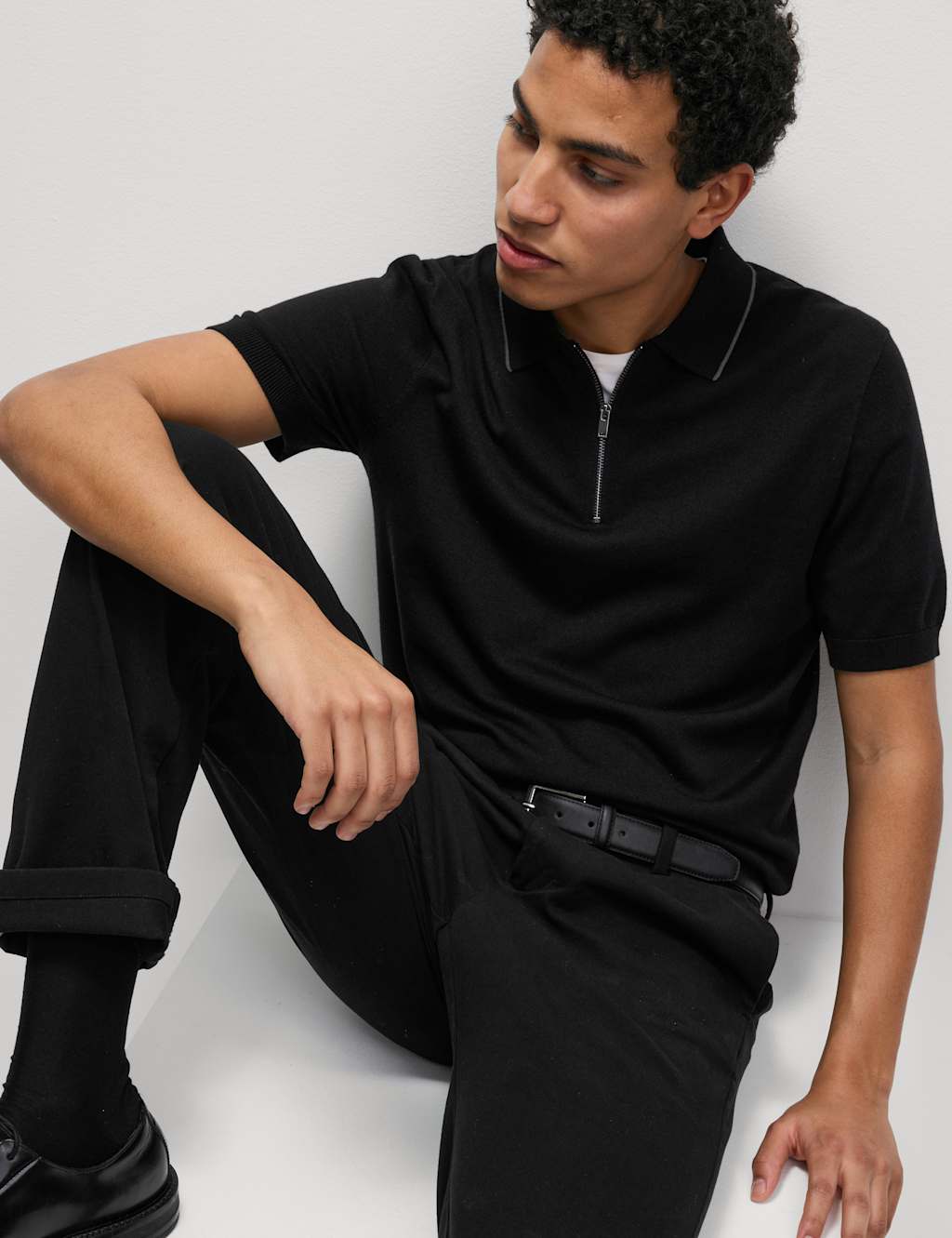 M&S Collection Men's Cotton Rich Half Zip Knitted Polo Shirt - MREG - Black, Black,Brown Haze,Ecru