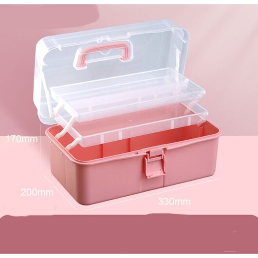 (Pink)33cm 3 Layers Storage Box, Multifunctional Plastic Toolbox with Handle for Sewing, Makeup, Medicine