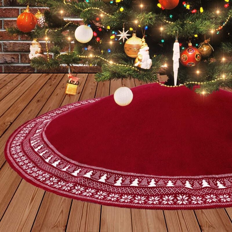 Christmas Tree Skirt, 90cm Knitted Christmas Tree Skirt with Snowflake Thick Christmas Tree Skirt Rustic Holiday Decorations Carpet Tree Bottom Cover
