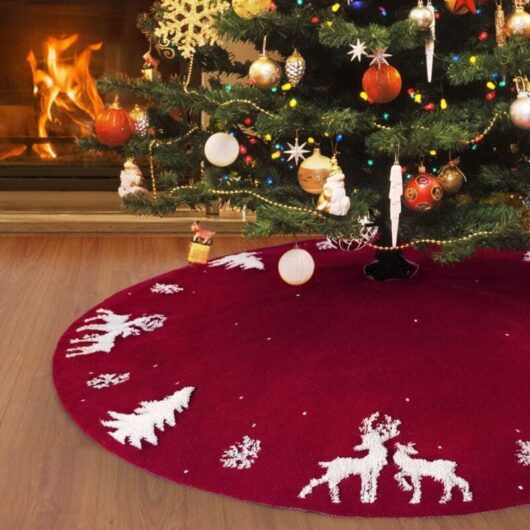 Christmas Tree Skirt, 90cm Red Christmas Tree Skirt, 3D Elk Christmas Tree Base Cover Mat, Tree Stand Cover for Decorations