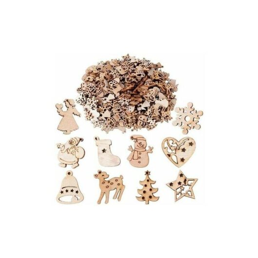 Dewdat - 200pcs Natural Carved Wood Slices Embellishments Christmas Tree Fir Tree Party Wedding Sewing Craft diy Decoration Manual Snowflake Stars