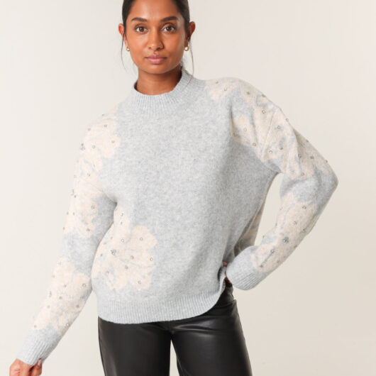 Flower Diamante Detailed Knitted Jumper - S/M / GREY/BEIGE