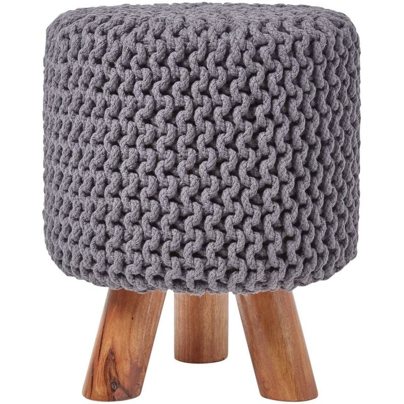 HOMESCAPES Sea Grey Tall Cotton Knitted Footstool on Legs