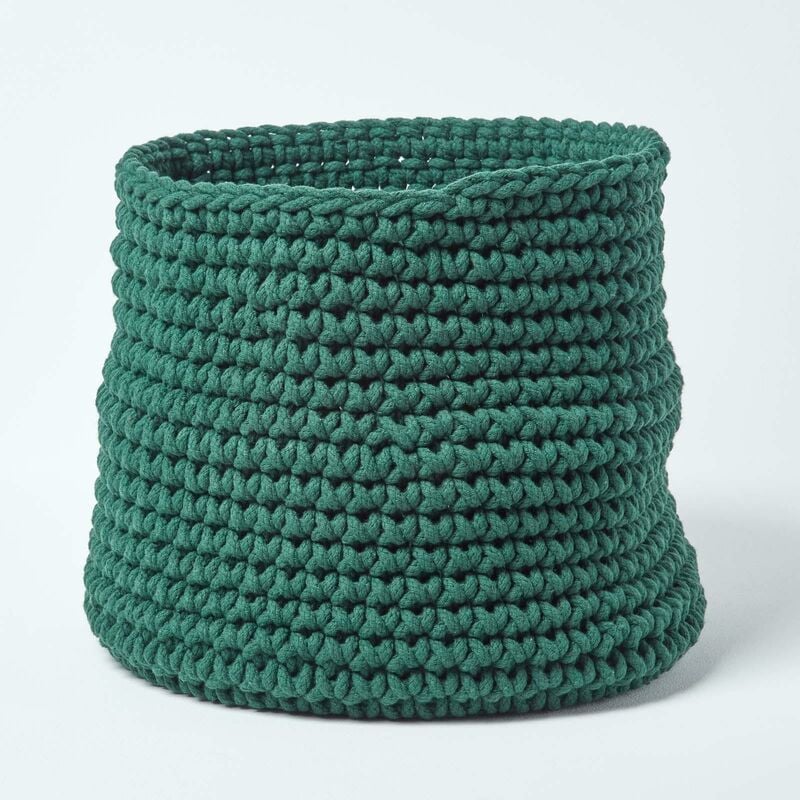 Homescapes - Forest Green Cotton Knitted Round Storage Basket, 42 x 37cm