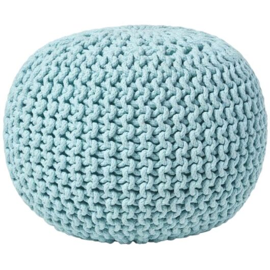 Homescapes - Pastel Blue Round Cotton Knitted Pouffe Footstool