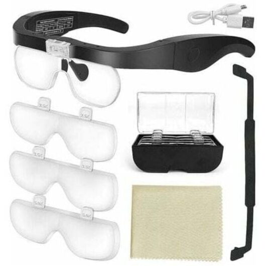 Mumu - Magnifying Glass with 2 led Lights, Hands-Free Front Magnification for Sewing, Reading, Repairing, Jewelry, Watches and Crafts, 4 Removable