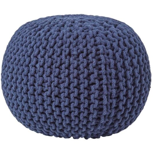 Navy Blue Round Cotton Knitted Pouffe Footstool - Homescapes