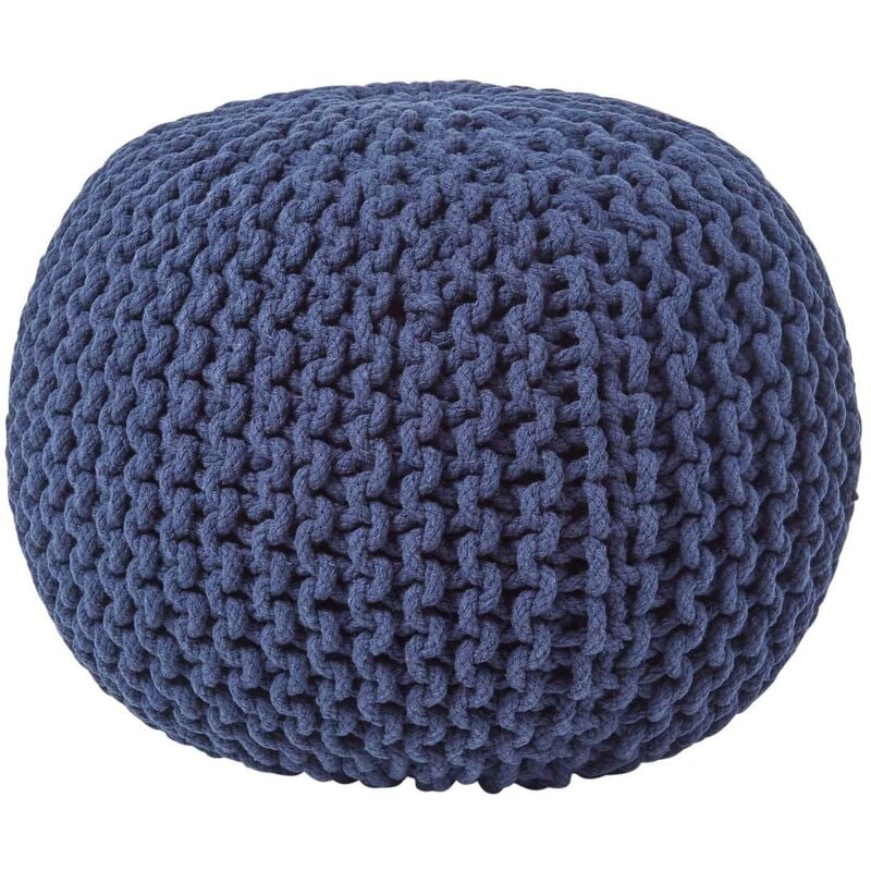 Navy Blue Round Cotton Knitted Pouffe Footstool - Homescapes