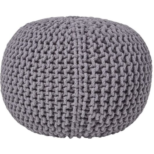 Sea Grey Round Cotton Knitted Pouffe Footstool - Homescapes