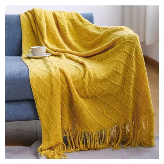 Sweevt - Knitted Blanket, Lightweight Soft Cozy Upholstery Knitted Blanket with Fringe for Travel, Sofa, Bed, Sofa,127×180cm,Turmeric