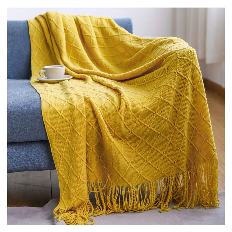 Sweevt - Knitted Blanket, Lightweight Soft Cozy Upholstery Knitted Blanket with Fringe for Travel, Sofa, Bed, Sofa,127×180cm,Turmeric