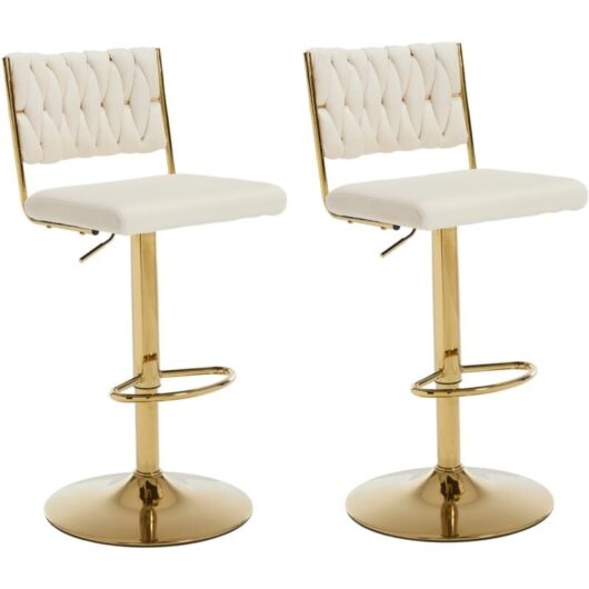 Bar Stools Set of 2 in Velvet Knitted Backrest Modern Counter Chairs Height Adjustable for Kitchen Home Bar Restaurant, Beige, Chairus