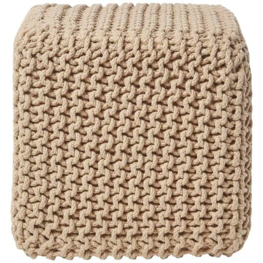 HOMESCAPES Linen Cube Cotton Knitted Pouffe Footstool