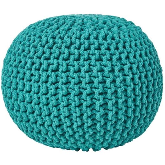 HOMESCAPES Teal Green Round Cotton Knitted Pouffe Footstool