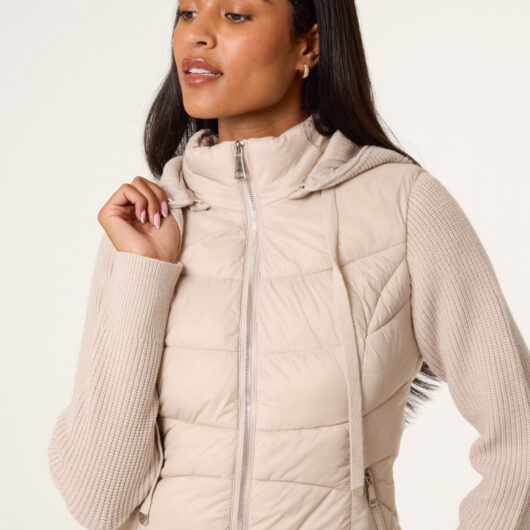 Knitted Sleeve Puffer Jacket - S / STONE