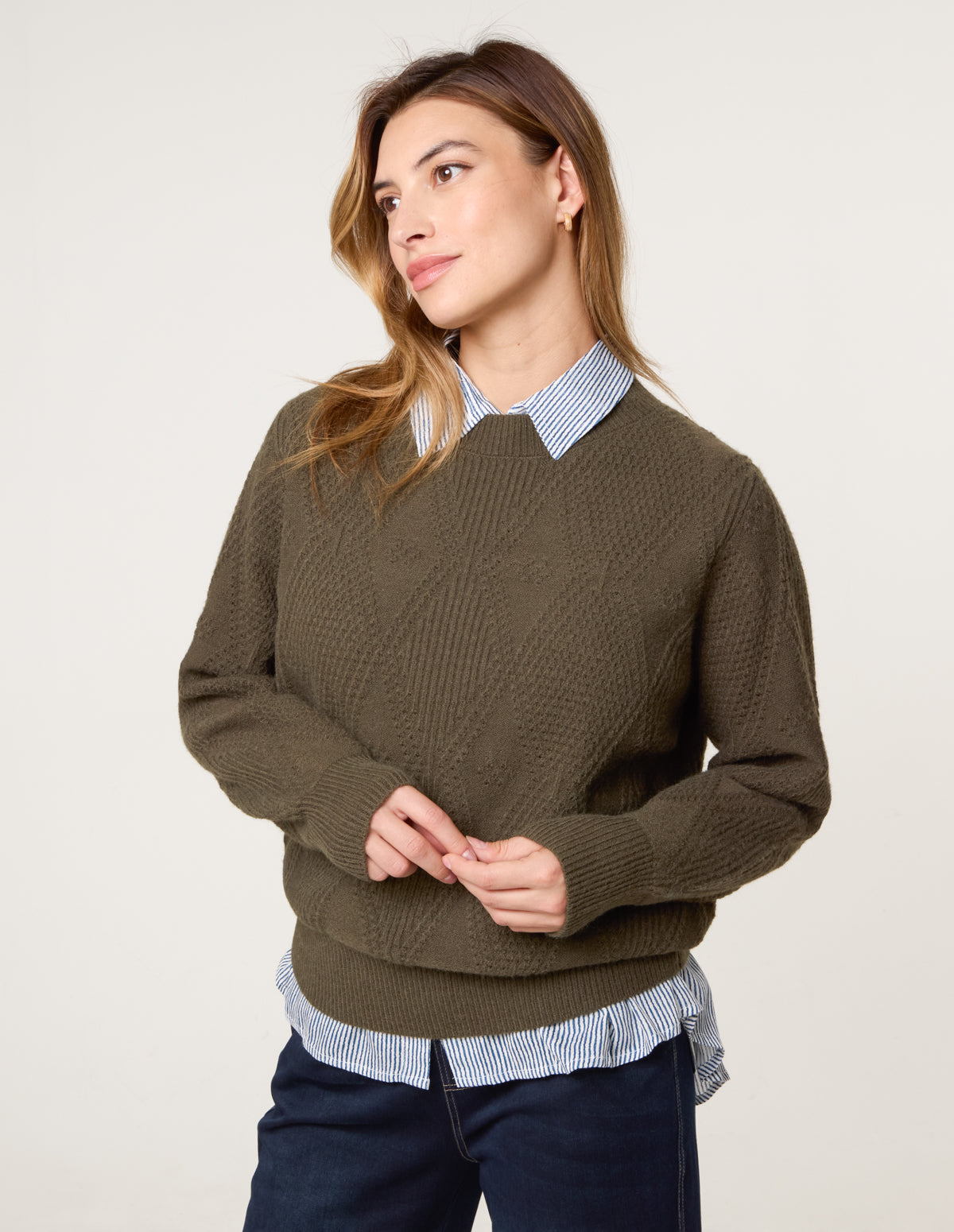 Argyle Texture Knit Jumper - S / KHAKI
