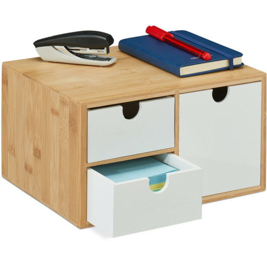 Desk Organiser, 3 Drawers, for Office Supplies, h x w x d: 14.5 x 25 x 20 cm, Bamboo & mdf, White/Natural - Relaxdays