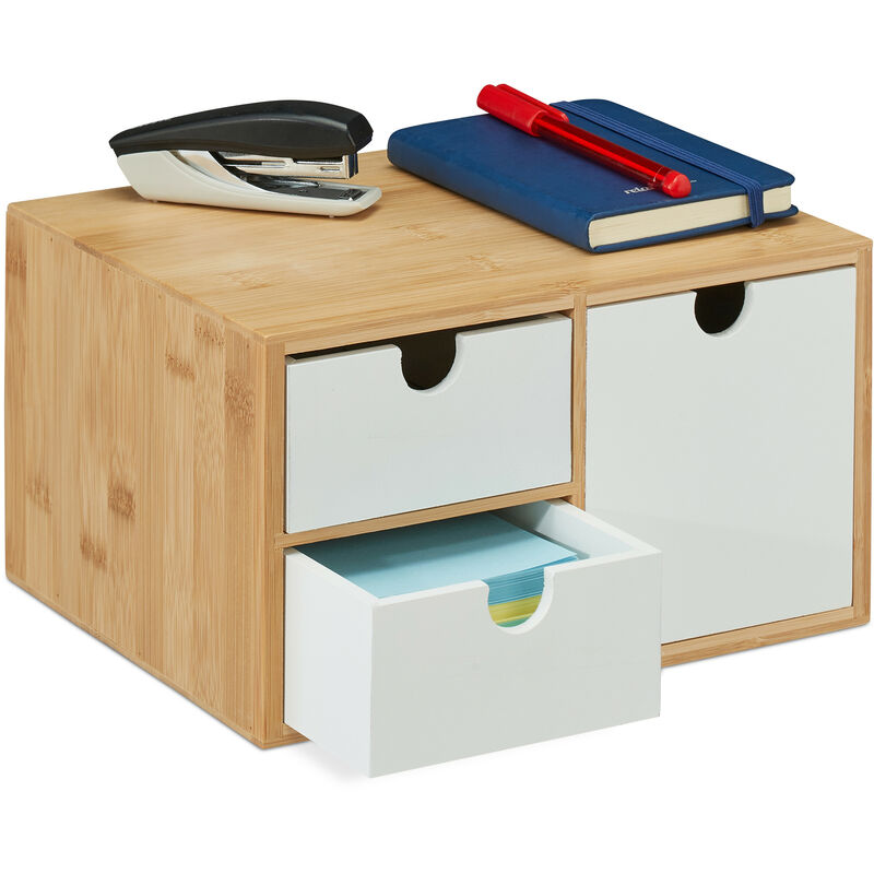 Desk Organiser, 3 Drawers, for Office Supplies, h x w x d: 14.5 x 25 x 20 cm, Bamboo & mdf, White/Natural - Relaxdays