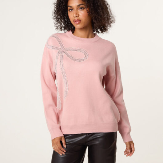 Diamante And Pearl Bow Knit Jumper - S/M / PINK