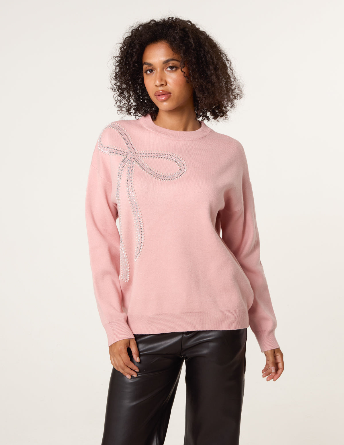 Diamante And Pearl Bow Knit Jumper - S/M / PINK