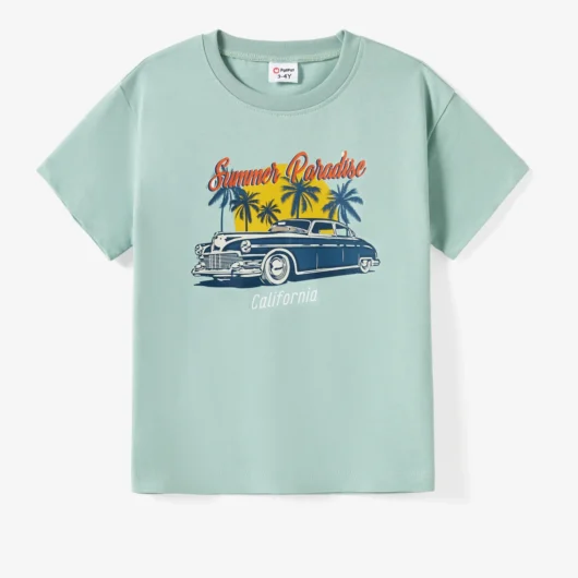 Family Matching 100% Cotton Vintage Car Short Sleeve Graphic Tee