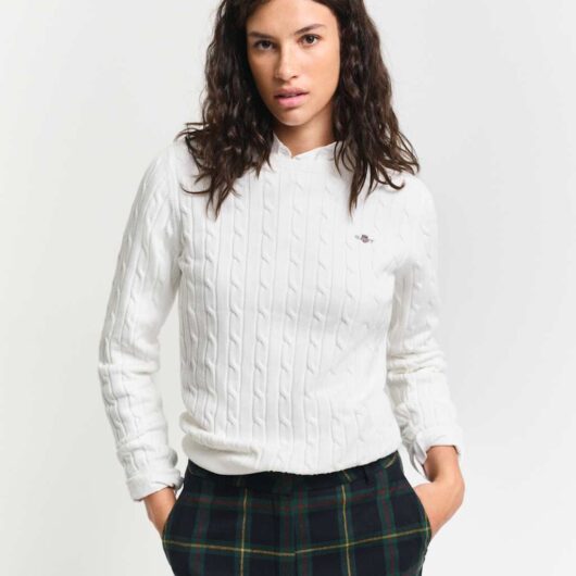Gant Women's Cotton Rich Cable Knit Crew Neck Jumper - White, White,Navy,Blue,Pink