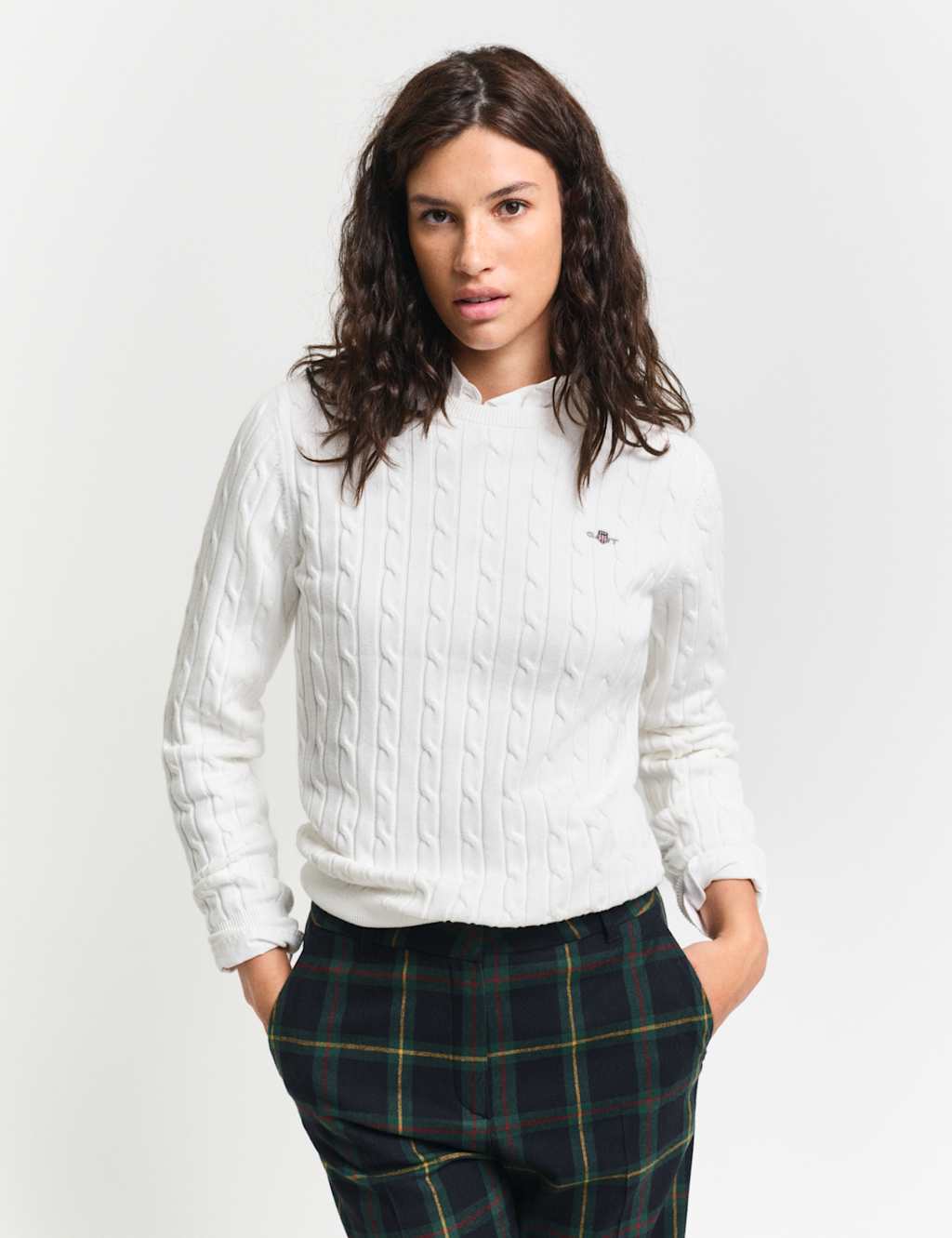 Gant Women's Cotton Rich Cable Knit Crew Neck Jumper - White, White,Navy,Blue,Pink