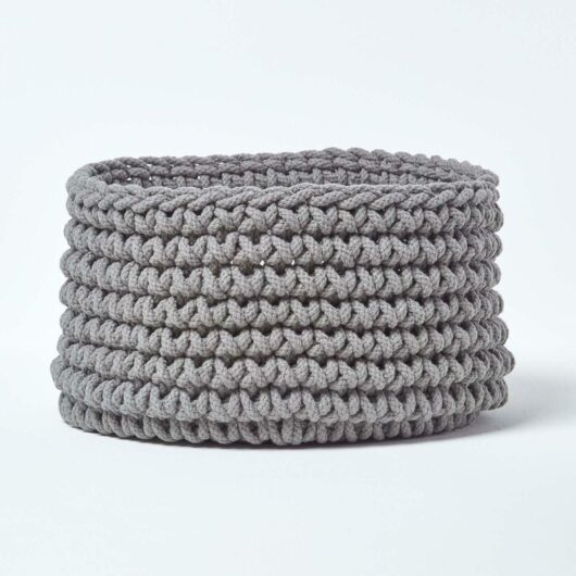 HOMESCAPES Grey Cotton Knitted Round Storage Basket, 37 x 21 cm