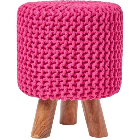 HOMESCAPES Hot Pink Tall Cotton Knitted Footstool on Legs
