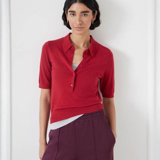 Hush Women's Wool Blend Textured Polo Neck Knitted Top - XXS, Red