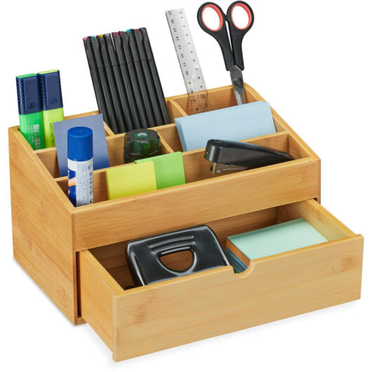 Relaxdays - Desk Organiser, Drawer, 6 Compartments, Dimensions h x w x d: 15 x 28 x 16.5 cm, Bamboo, Natural